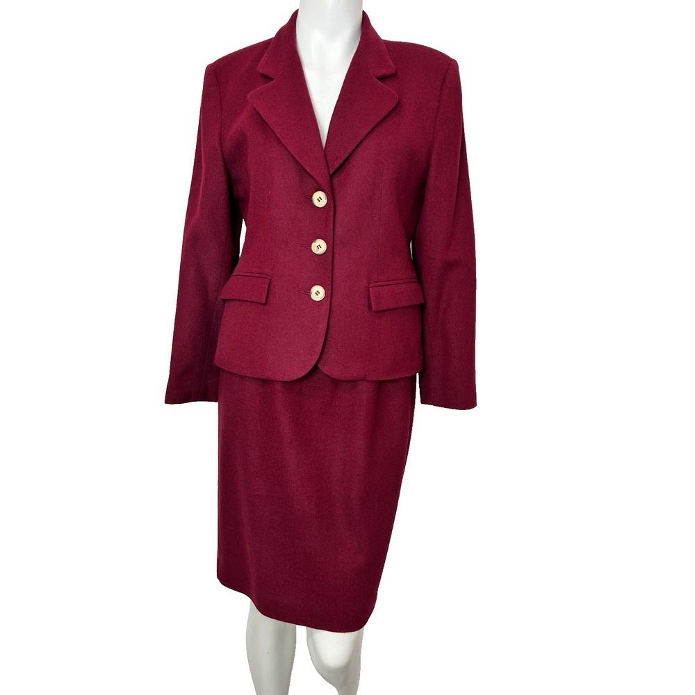 Vtg 1990s Norton McNaughton Red Wool Skirt Suit Corporate Goth Preppy Jacket Set